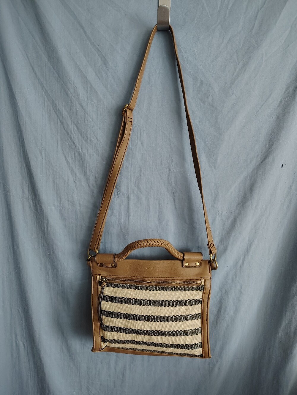Relic by Fossil Striped Crossbody Handbag Braided Handle Tan Black Cream